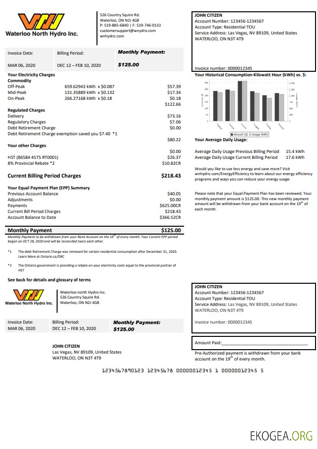 Usa Nevada waterloo north hydro utility bill template in word and pdf format template